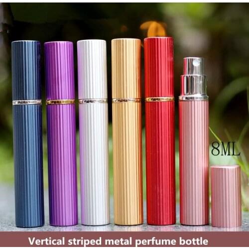 Hot Sale 8ML Metal Perfume Spray Bottle Round Aluminum Tube Vertical Stripe Perfume Bottle 6 colors available from stock
