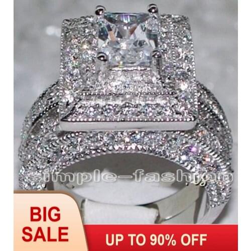 Fashion Jewelry 2-in-1 Engagement Jewelry Handmade Gem 5A Zircon stone 14KT White Gold Filled Wedding Band Ring Set Sz 5-11