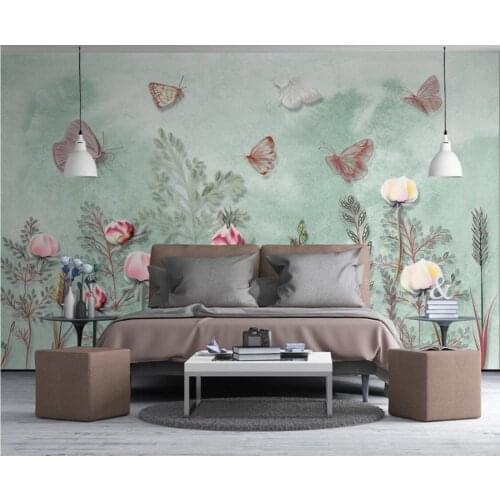 Wallpaper Murals Flowers Butterfly Green Background Wall Paper for Girls Room Contact Paper Home Improvement Wall Cover Floral