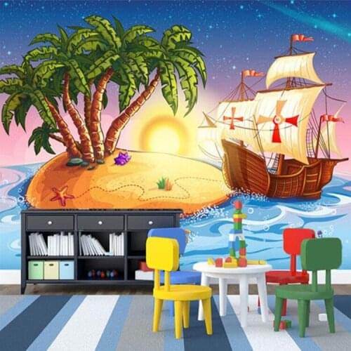 Custom 3D Wallpaper Cartoon Pirate Ship Photo Mural Childrens Room Kindergarten Lovely Decor Wallpaper Papel De Parede Infantil