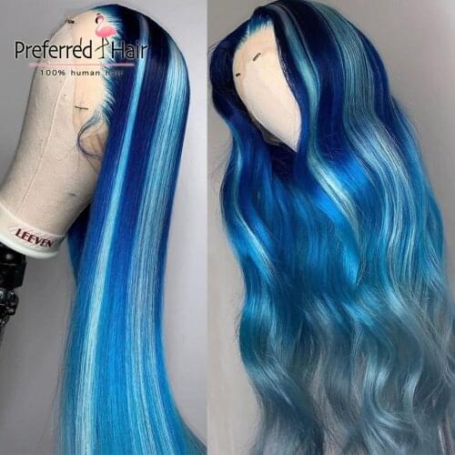 Preferred Transparent Lace Wigs Pre Plucked Pink Blue Highlight Human Hair Wig Brazilian Remy Straight Lace Front Wig for Women