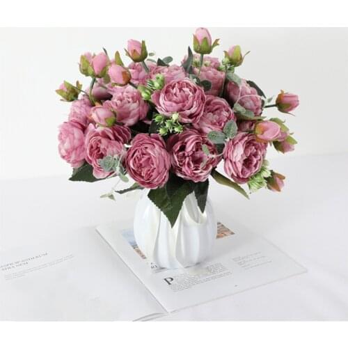 30cm Rose Pink Silk Peony Artificial Flowers Bouquet 5 Big Head and 4 Bud Cheap Fake Flowers for Home Wedding Decoration Indoor