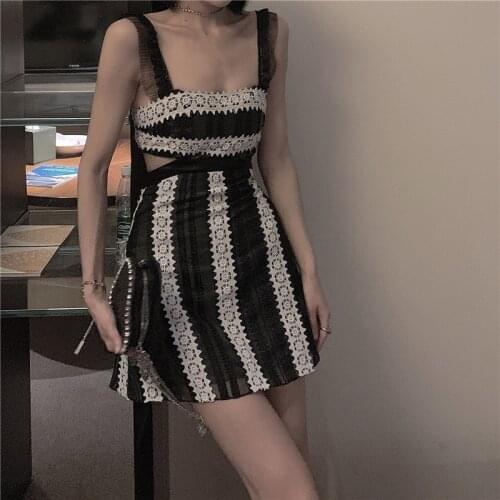Sexy Lace Bodycon Mini Slip Dress Women Vintage Backless Striped Hollow Out Female Spaghetti Strap Dresses Fashion Clothes Robe