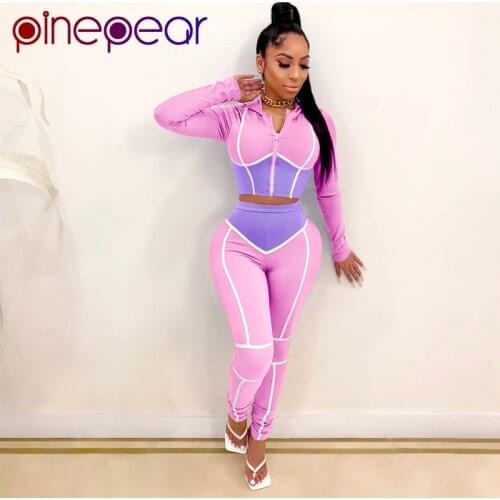 PinePear Stripe Patchwork Women Tracksuit 2 Piece Set Long Sleeve Zipper Hoodies Crop Top Pencil Pants Jogging Suits Wholesale