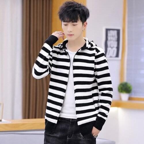 Sweater Men Hooded Long Sleeve Winter Leisure Casual O-Neck Cardigan Fashion Zipper Striped Pockets New Mens Sweaters