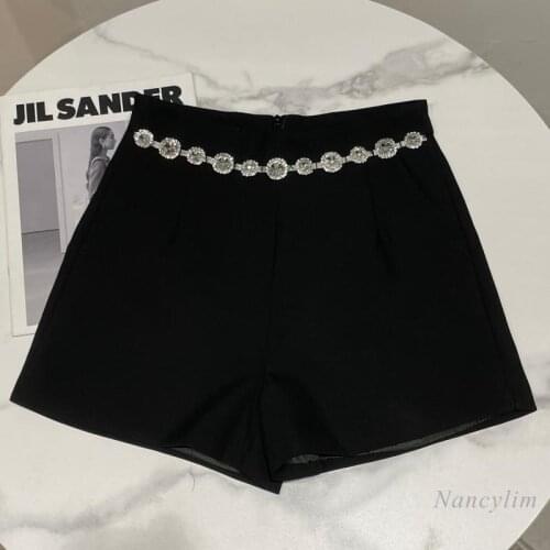 Rhinestone Chain Waist Shorts Women 2021 Autumn New Fashion Temperament All-Match Short Femme Black Nancylim
