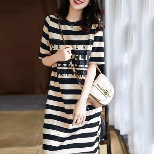 95% cotton striped short-sleeved dress Korean summer new loose t-shirt long tshirt dress oversize casual dresses for women 2020