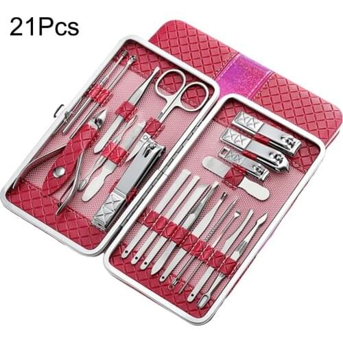 21pcs Stainless Steel Manicure Kit Professional Nail Clippers Kit Pedicure Care Tools Grooming Tools with PU Leather Case
