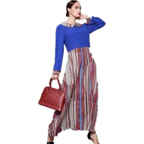 BianFeng Womens Muslim Fashion Robe Pattern Printing Hijab Dress Long Sleeve Solid Dress Color Blue