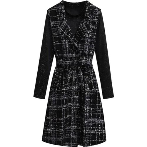 Shiny Hepburn dress suit female plus size 2021 autumn and winter new Korean black dress casual mid-length vest set two-piece