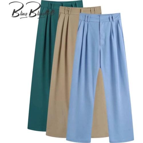 BlingBlingee Za 2021 Autumn Woman Traf Trousers OL Style Folds Front Side Pockets Straight Long Pants Casual Loose Career Pants