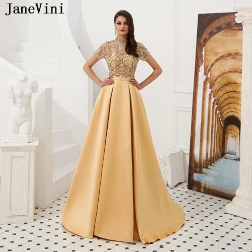 JaneVini Elegant A Line Yellow Long Prom Dresses 2019 Luxury Beaded Crystal Sleeveless Sheer Neck Shiny Satin Dress Gala Jurken