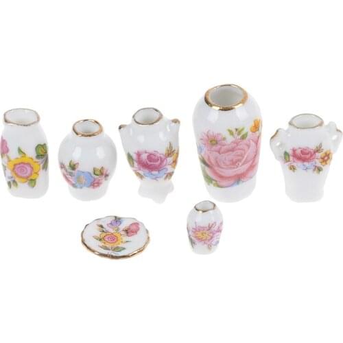 7Pcs/lot Mini 1:12 Dollhouse Miniature Porcelain Flower Vase Dolls House Accessories Simulaiton Furniture Toys