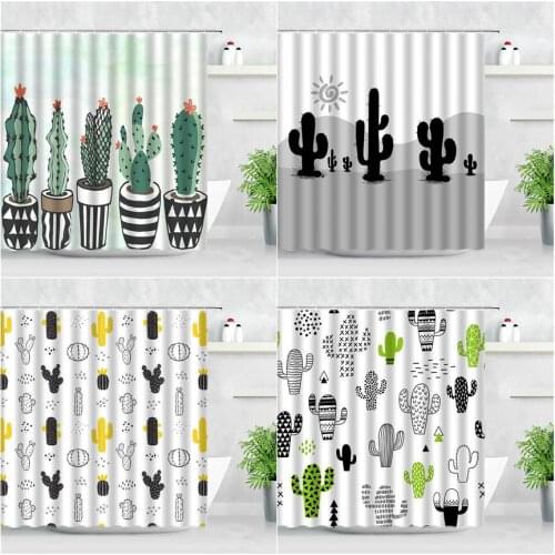 Cartoon Tropical Plant Cactus Shower Curtain Creative Pattern Children Bathroom Decor Screen With Hooks Fabric Bath Curtains Set