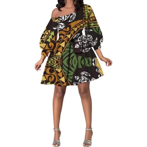 Hycool Latest Polynesian Chief Turtle Tattoo Women Bow Dresses Elegant Ladies Casual Oblique Shoulder Belted Mini Cocktail Dress