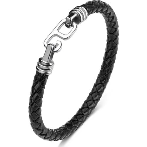 Simple Stainless Steel G Buckle Braided Leather Men Bracelets Bangles Fashion Handmade Jewelry Woven Wristbands Male Gift P628