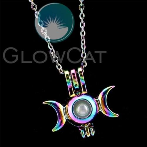 R-C917 Rainbow Triple Moon Goddess Amulet Beads Cage Pendant Essential Oil Diffuser Aroma Pearl Cage Locket Necklace