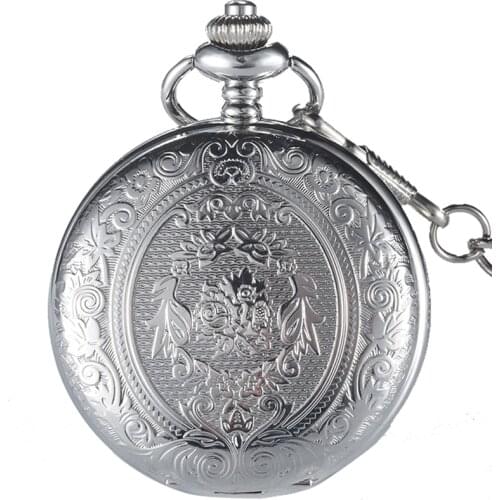 Retro GOBREN Roman Numerals Silver Plated Carving Pocket Watch Fashion Classical Mens Analog Quartz Watch Fob Chain With Box