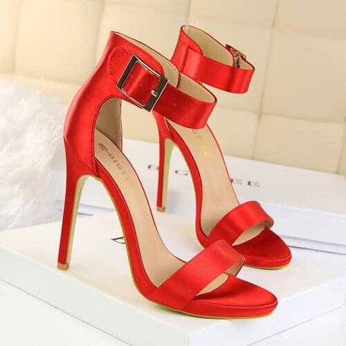 Sexy Nightclub Stiletto Super High Heel Satin Metal Belt Buckle One-strap Sandals Shoes for Women Sandals Sandalias De Tacon