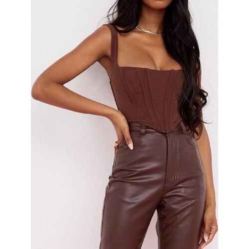 Sexy Square Collar Corset Camisoles Women Sling Sleeveless Crop Top Bustier Low Cut Backless Vest Lady Slim Brown Camis Clubwear