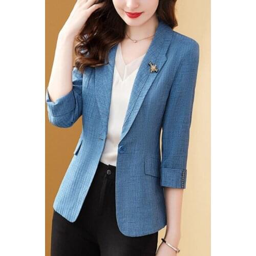 Spring Summer Women Blazers Jacket 2021New Fashion Blue Short Three-quarter Sleeve Office Suit Female Plus Size Casual Suit Tops