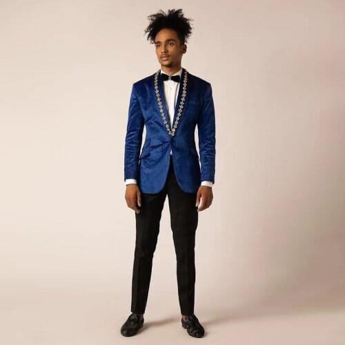 Blue Velvet Blazer Black Pants Prom Tuxedos One Button Crystal Shawl Lapel Mens Suits Slim Fit Jackets Trousers