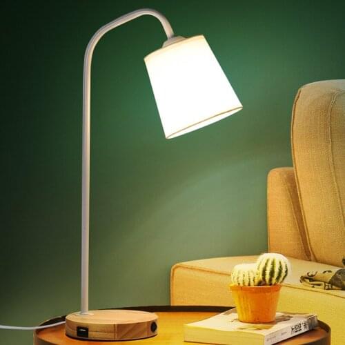 Nordic Simple Fabric Lampshade Bedroom Table Lamp Bedside Lamp Dimmable Indoor Wooden Base Night Desk Light