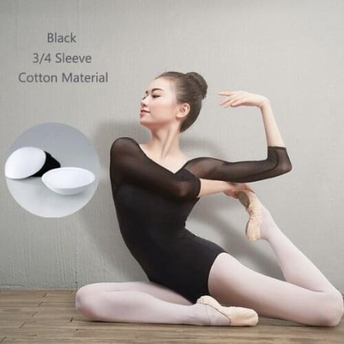 Women Black Mesh Dance Leotards Three Quarter Sleeve Ballet Leotards Adult Ballet Practice Dance Costume Gymnastics Leotards