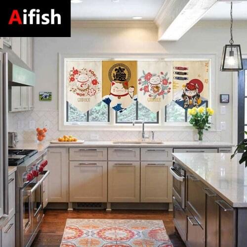 Japanese Cartoon Lucky Cat Cotton Linen Print Short Curtain Partition Pennant Kitchen Bedroom Study Decoration Half Curtain 5