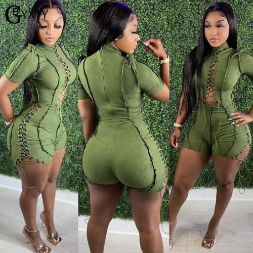 GBYXTY Sexy Hollow Out Lace Up Trimmings Playsuit and Rompers Women Casual Summer Short Sleeve Bandage Shorts Jumpsuits ZL1287