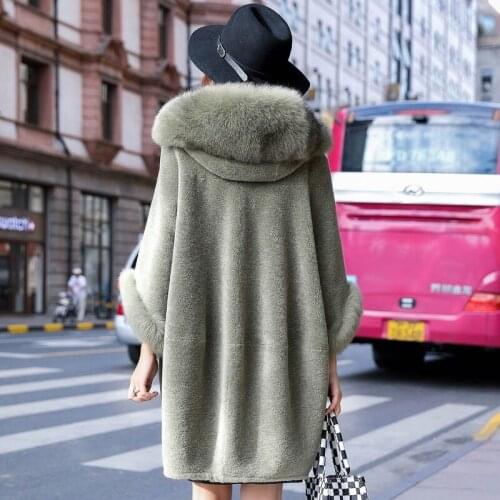 Winter Real Fur Coat Women Fox Fur Hooded Korean Sheep Shearing Wool Fur Jacket Long Elegant Clothes Winterjas Dames F1850 J5186