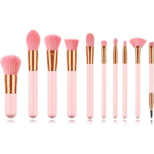 10PCS Makeup Brushes Set Pink Gold Wooden Handle Pink Hair For Eyeshadow Blush Brushes Cosmetic Tools Kits