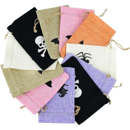 5pcs Halloween Natural Linen Burlap Bag Bat Witch Spider Pumpkin Drawstring Gift Bags Happy Halloween Party Kids Favor Candy Bag