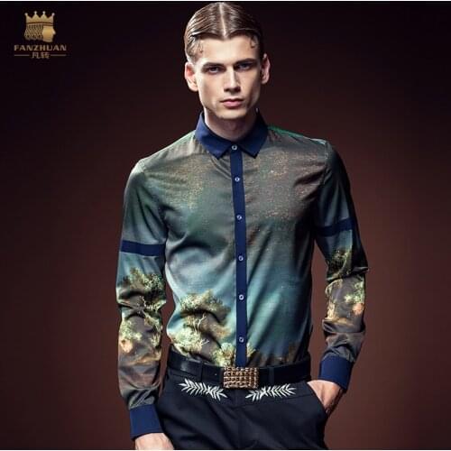 Free Shipping New mans male Europe fashion casual painting PRINTED SHIRT DP slim Metrosexual long sleeved shirt 612091 FanZhuan