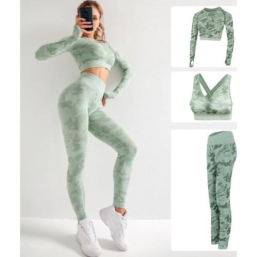 3pcs Seamless Women Yoga Set Gym Clothing Fitness Leggings + Cropped Shirts Sport Suit Women Long Sleeve Tracksuit Active Wear