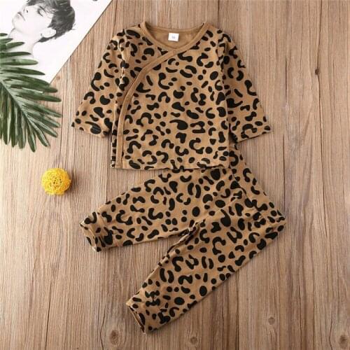 Fashion Autumn Winter New Children Clothing Boys Girls Baby Leopard Cotton T shirt Top + Pants Suit Baby Clothes Suit 0-18M