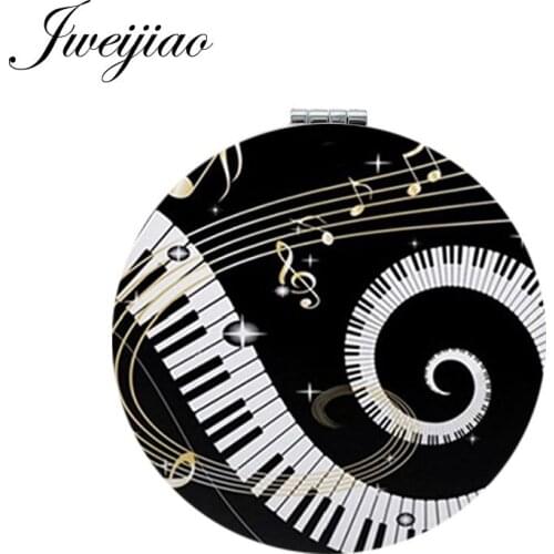 JWEIJIAO Lovely Piano Keyboard Musical Staff Note Round Pocket Mirror White PU Leather Folding Compact Makeup Vanity Mirror