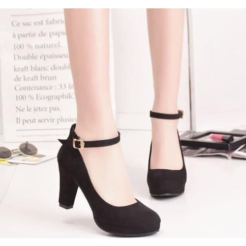 Women Fashion Flock Pumps Ladies Sweet Thick High Heels Shoes Female Ankle Strap Suede Mary Jane Woman Party Casual Footwear
