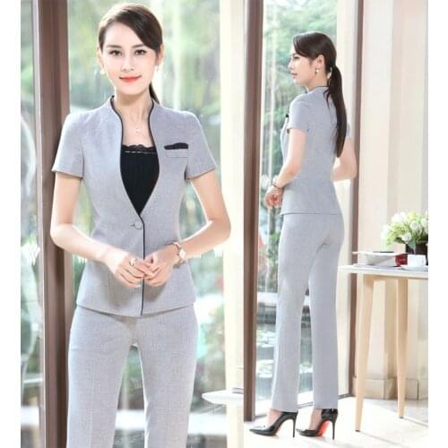 Novelty Gray 2019 Summer Formal Professional Business Women Suits With Jackets And Pants Ladies Work Wear Blazers OL Styles