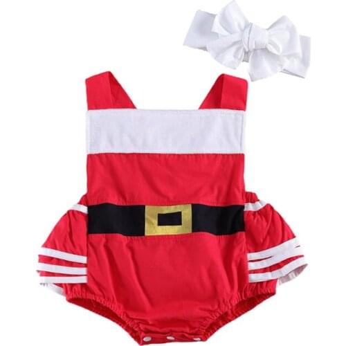 2020 Xmas Clothes Infant Baby Girls Boys Rompers Headband Sleeveless Ruffles Patchwork Christmas Jumpsuits