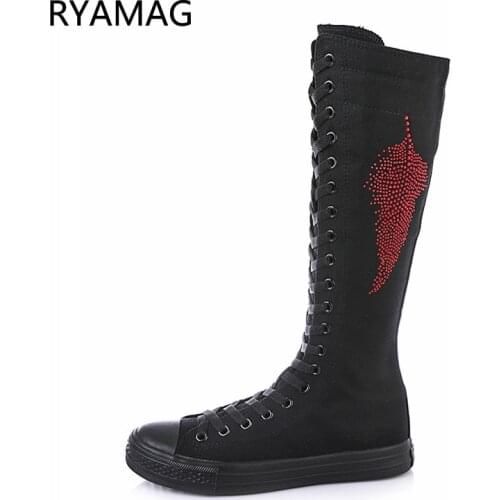 Ryamag 2021 New Womens Canvas Boots Long Dance Boots Shoes Flats Rhinestone Leaves Zipper Comfortable Vulcanize Sneakers