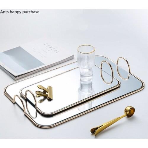 Phnom Penh Glass Mirror Tray Wrought Iron Binaural Handle Rectangular Storage Tray Living Room Desktop Store Decorative Plate