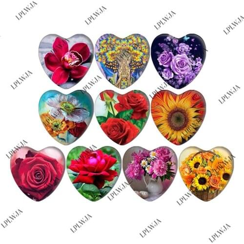 Zdying Red Purple Rose Flower Mixed Photo Sunflower Heart Shape Glass Cabochons Cover Pendant Cameo Settings Jewelry Findings