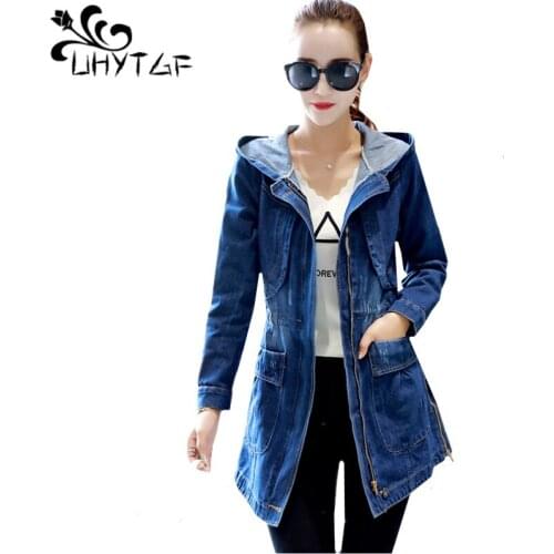UHYTGF 3XL plus size top Jacket woman New Hooded spring autumn jeans jacket Medium length woman student Windbreaker outerwear196