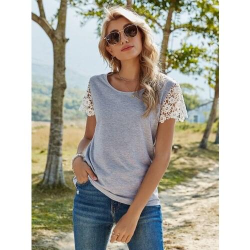 2021 Spring New T Shirt Women Casual O Neck Lace Short Sleeve Pullover Top Female Solid Color Summer T Shirt For Women Gray