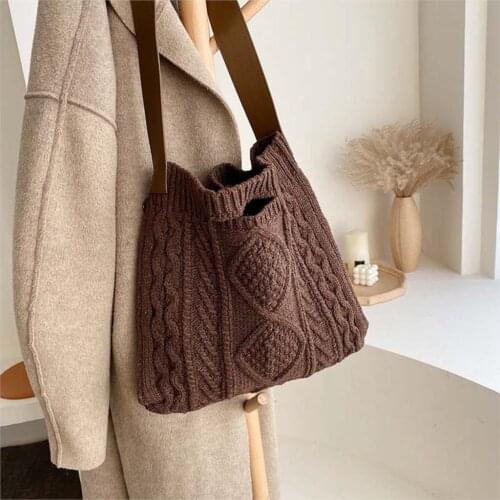 Female Woolen Knitted Braid Criss Cross Handbag Teenager Crochet Winter Korean Fashion Retro Chic Big Capacity Over Shoulder Bag