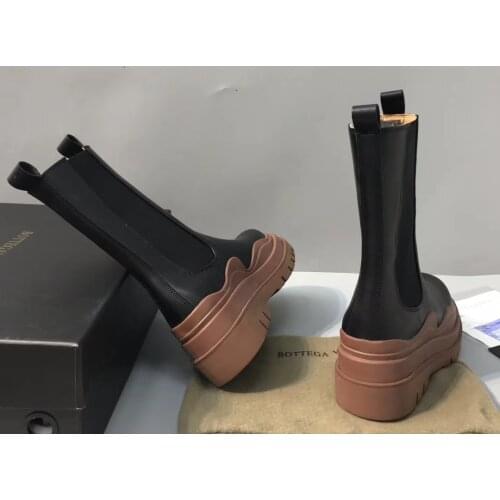 Womens Winter Boots Genuine Leather Platform Boots Black Martens Ankle Boots Motorcycle Thick Heel Boots FP-03