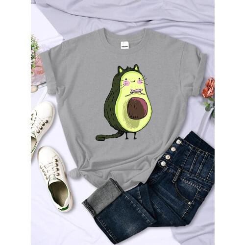 Kawaii Avocado Cat Printing Women Tee Shirts Summer Casual Style Clothes Large Size Soft t-Shirts Fashion o-Neck Female t Shirts