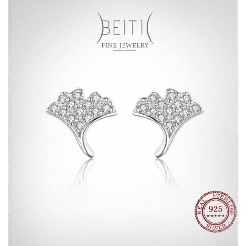 Beitil Elegant Ginkgo Leaves Clear Zircon Stud Earrings For Women Classic Luxury 925 Sterling Silver Fashion Jewelry
