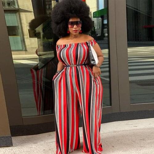 ZJFZML ZZ Women Clothing Plus Size Long Jumpsuit Vertical Stripe Print Slash Neck Loose Wide Leg Romper Dropshipping Wholesale